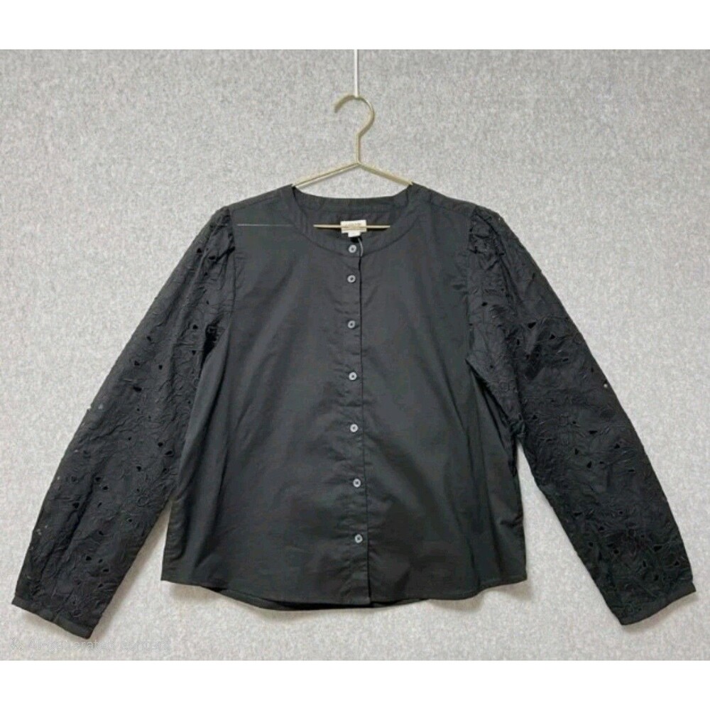 J.Crew Eyelet Sleeve Button-Up Blouse Women XS Black Long Sleeve Top Cotton